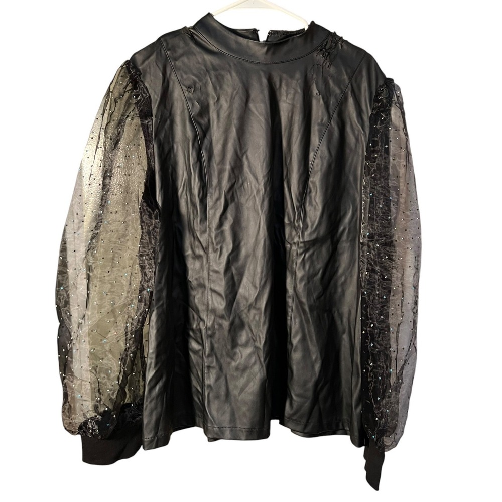 Ashley Stewart Women's Plus Sz 22/24 Faux Leather Blouse Long Sleeve Mesh Sleeve